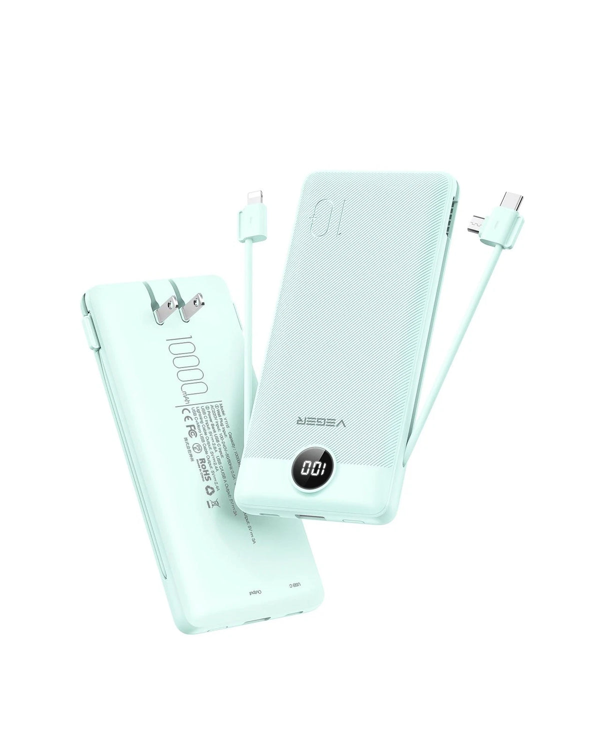 VEGER Portable Charger with Built-in AC Plug and Cables, All in One Green