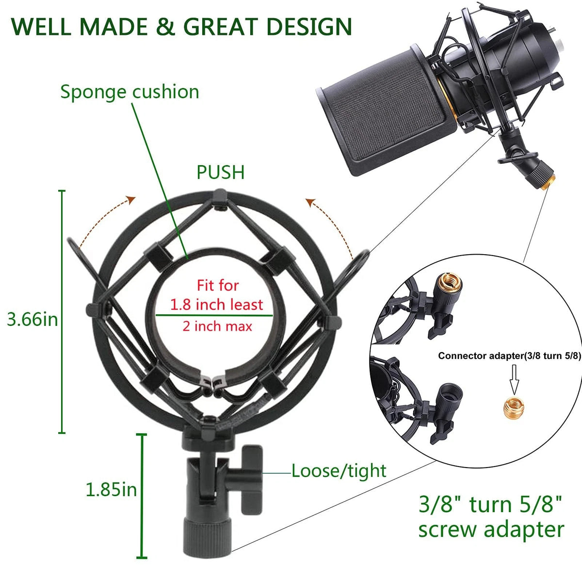 Microphone Shock Mount with Pop Filter, Mic Anti-Vibration 46mm-51mm, Black