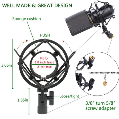 Microphone Shock Mount with Pop Filter, Mic Anti-Vibration 46mm-51mm, Black