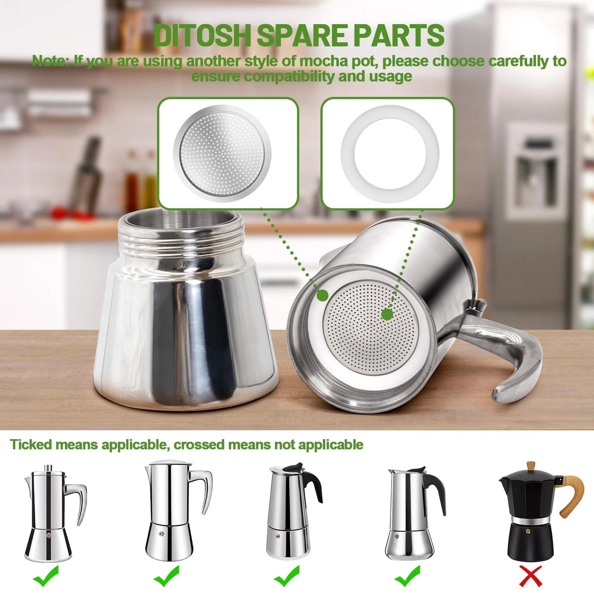DITOSH 2 Pcs Filter with 3 2 Filter+3 Gasket for 12 Cup, Silver & White