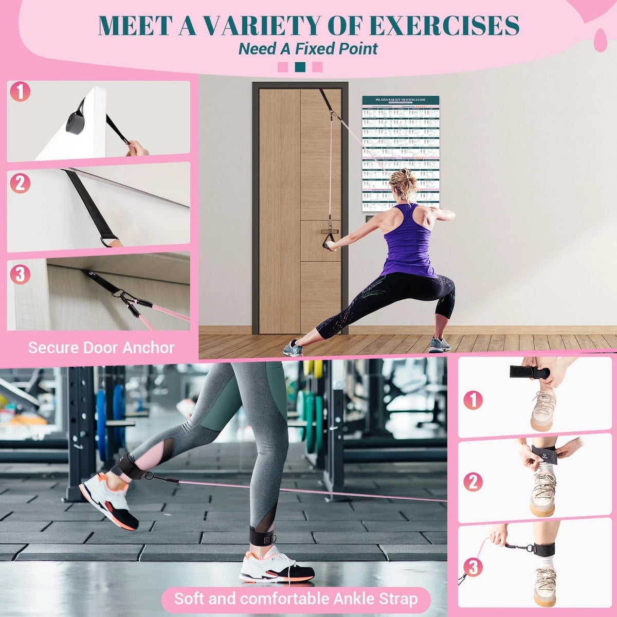 Pilates Bar Kit with Resistance Bands, Multifunctional Yoga One Size, Pink