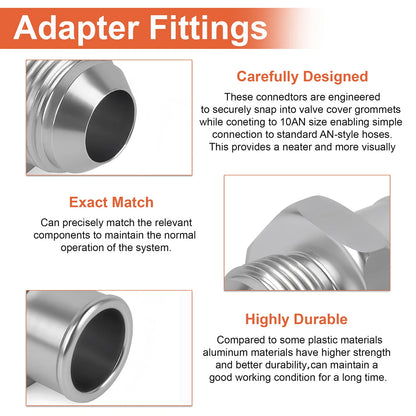 2-Pack SBC 10AN Valve Cover Adapter Aluminum Fittings for Push-In Grommet Sliver