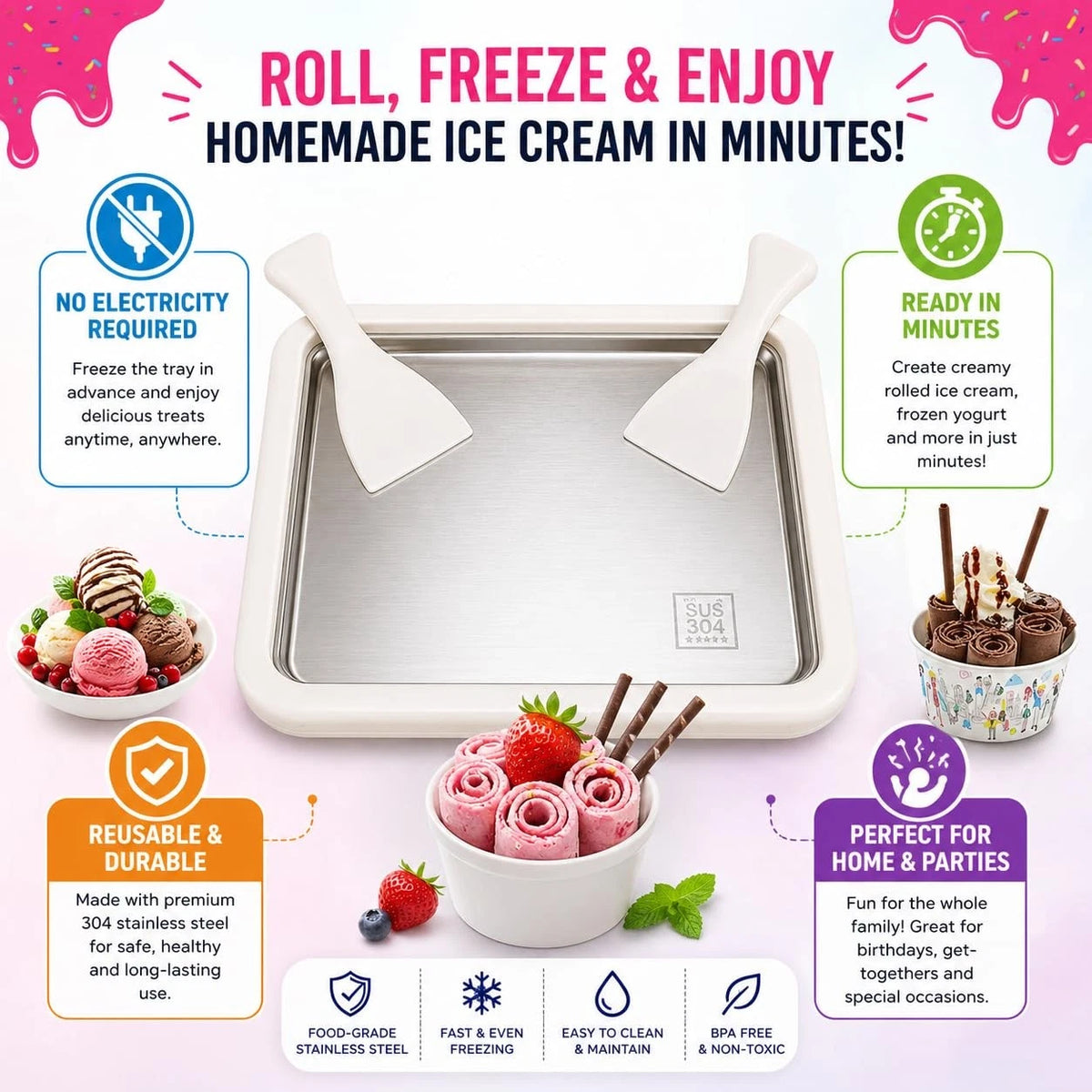 Casaverra Ice Cream Roll Maker Pan – Instant Cold Plate large, White