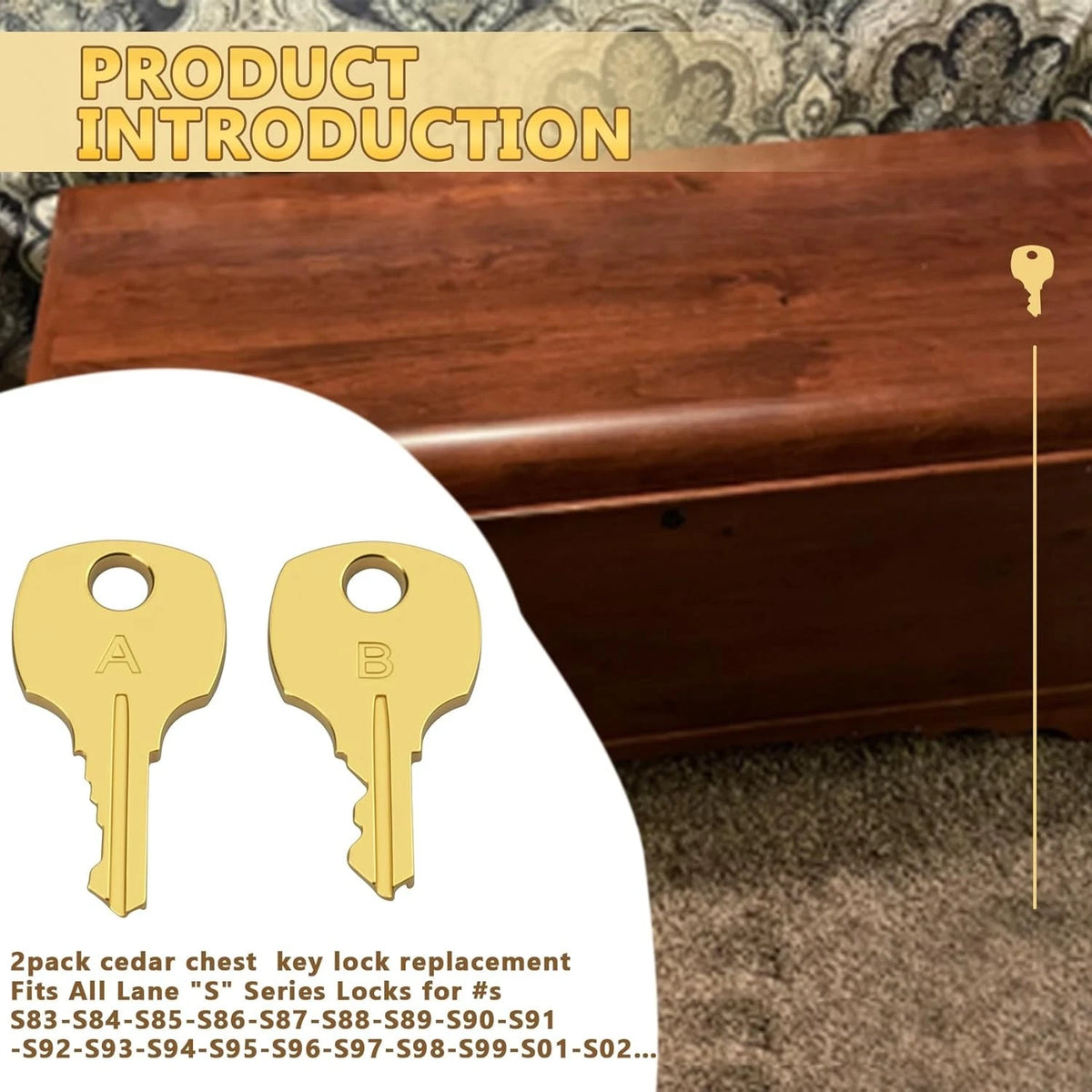 Cedar Chest Key Lock Replacement Fits All Lane S Series Locks, Brass color