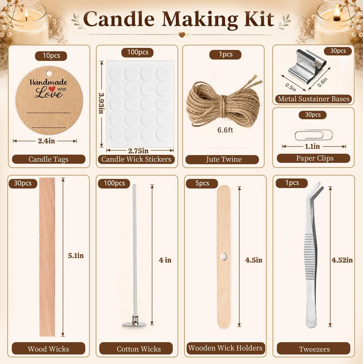 Candle Wicks for Making Kit Supplies, 130 Pcs 4 inch, Silver and White