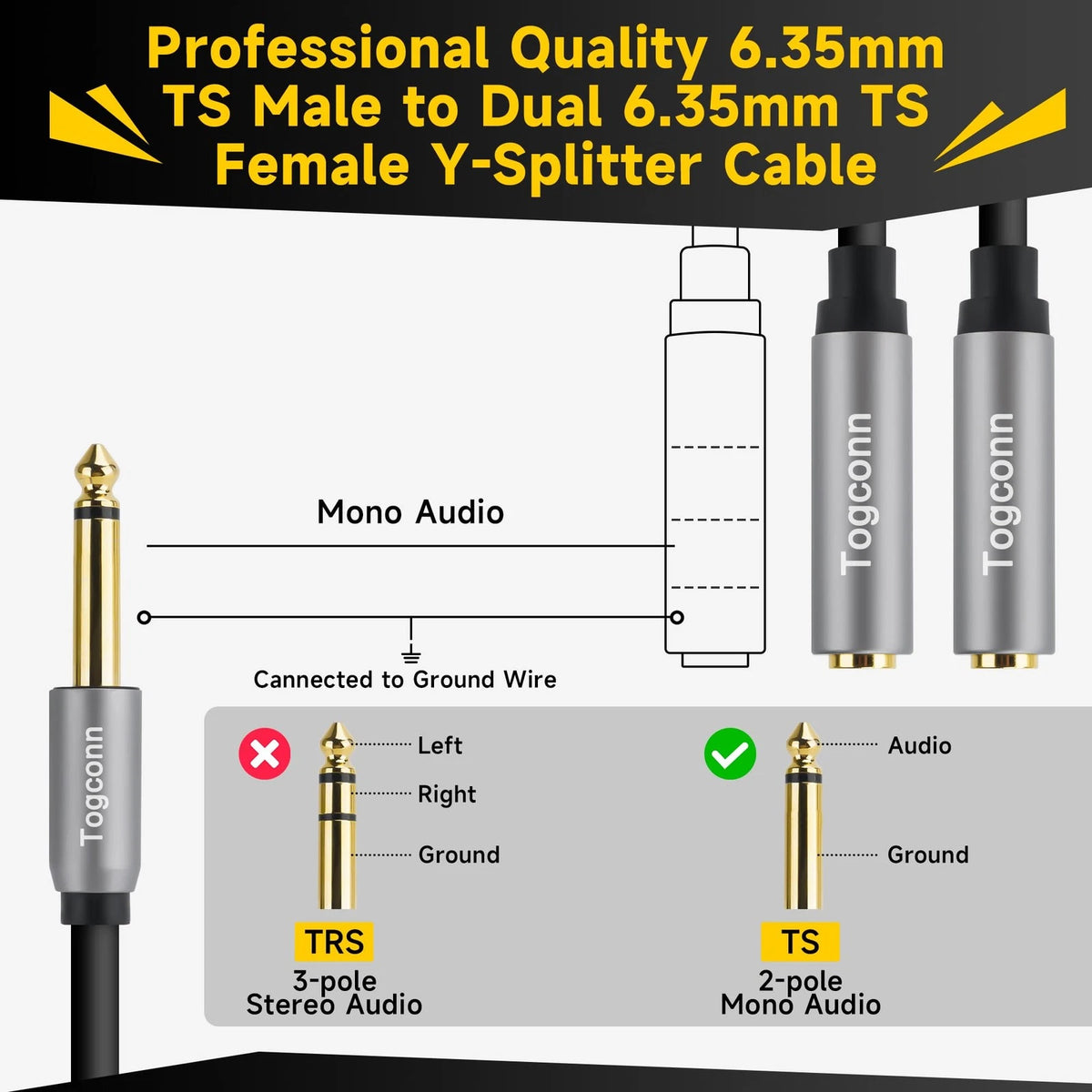 Togconn 2-Pack 1/4 inch TS Mono 2 Pack, 6.35mm Male to Dual Female