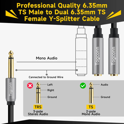 Togconn 2-Pack 1/4 inch TS Mono 2 Pack, 6.35mm Male to Dual Female