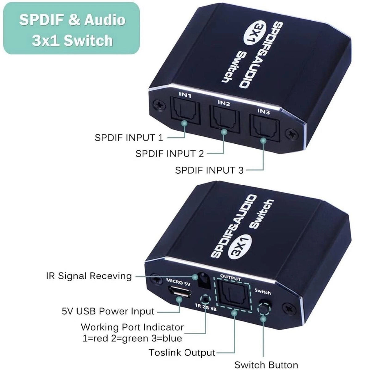 3 in 1out  Aluminum Spdif Toslink Optical Digital Audio Splitter Switch Hub
