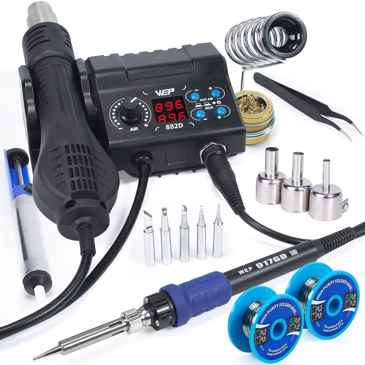 WEP 882D Soldering Iron Station 2-IN-1 SMD Hot Air Rework with 2...