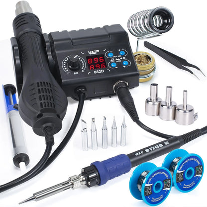 WEP 882D Soldering Iron Station 2-IN-1 SMD Hot Air Rework with 2...