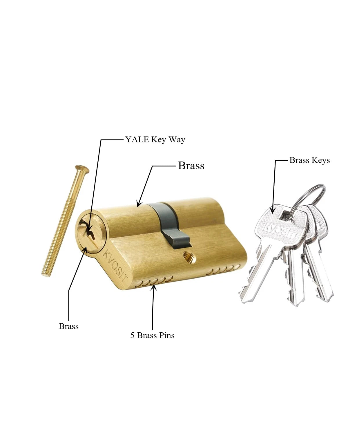 Brass Lock Cylinder with 3 Keys 63mm Double 63MM-Double Open, Brushed