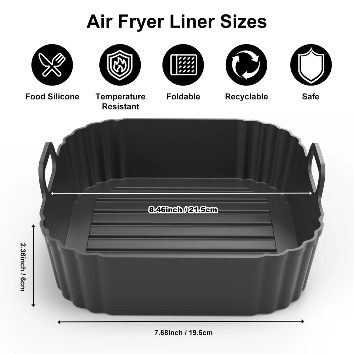 PINTAUR Square Silicone Air Fryer Liners 2 Pack, Compatible 5-6.5QT, Black