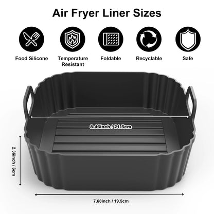 PINTAUR Square Silicone Air Fryer Liners 2 Pack, Compatible 5-6.5QT, Black