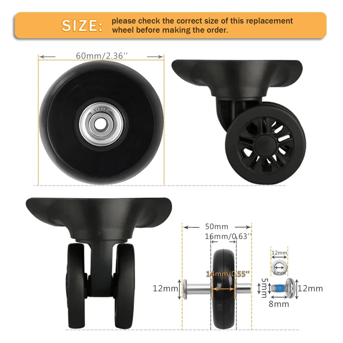 Luggage Replacement Wheels Set 8Pcs 2.36"x0.55"(60mm x14mm) with Saw Black