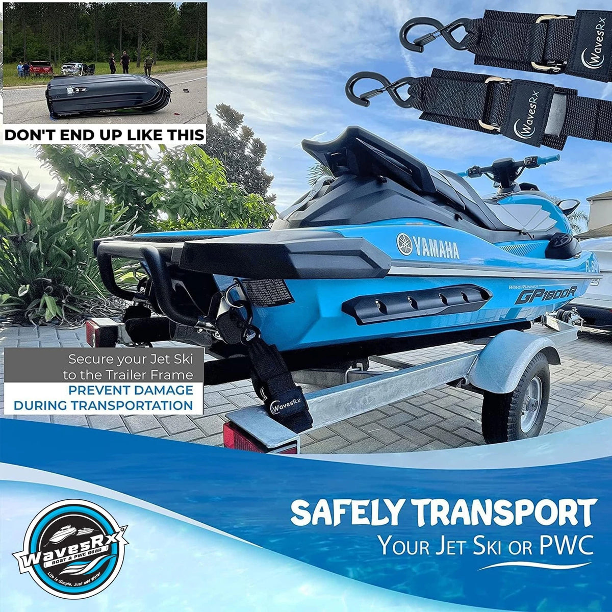WavesRx Premium Boat & Jet Ski Trailer Transom Tie Down Straps 2"x24", Black