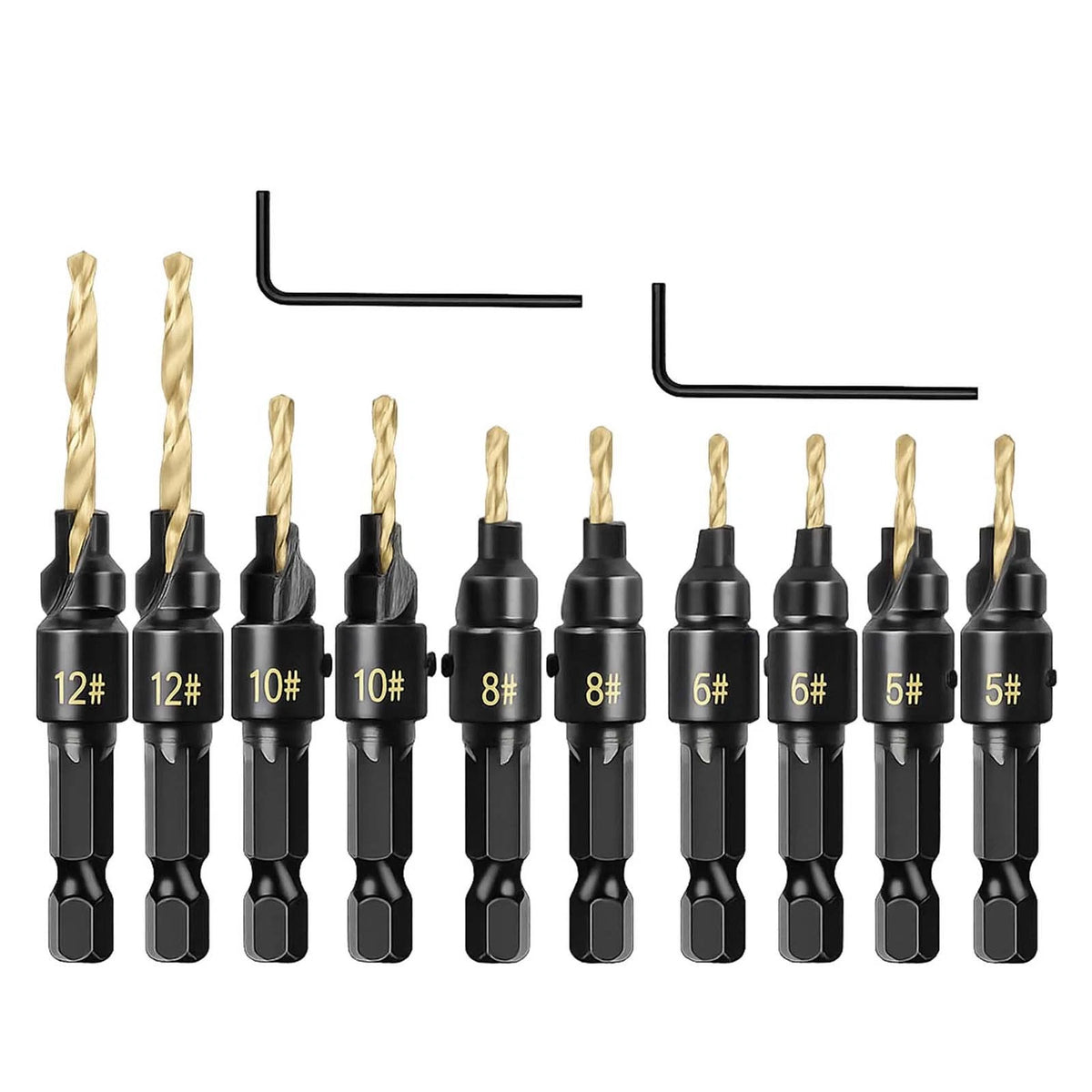 12-Piece Countersink Drill Bit Set One-Step Drill & Countersink, 1/4" Hex Shank