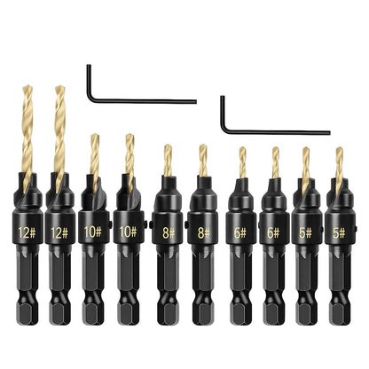 12-Piece Countersink Drill Bit Set One-Step Drill & Countersink, 1/4" Hex Shank