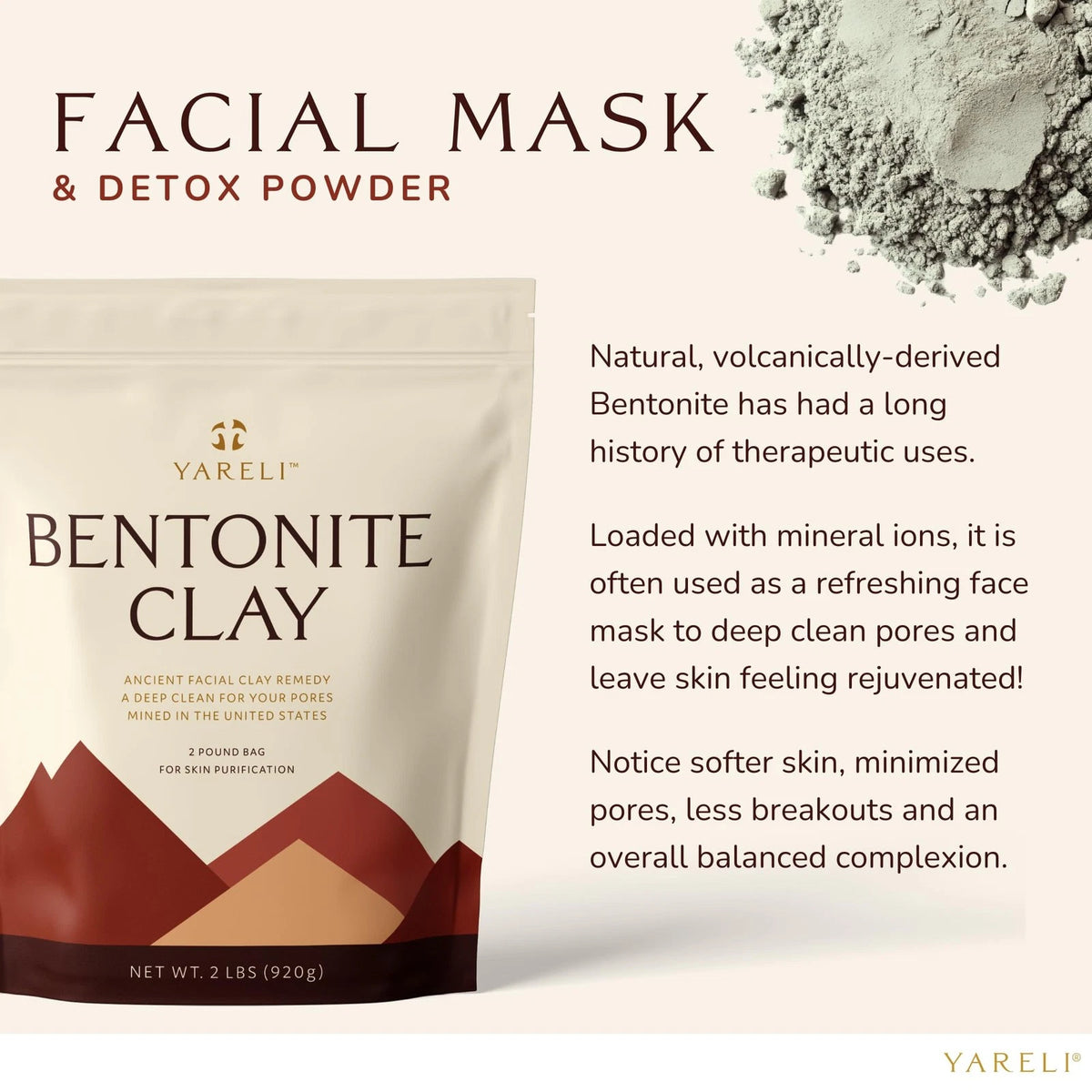 YARELI Bentonite Clay Powder Facial Mask & Cleansing 32 Ounce (Pack of 1)