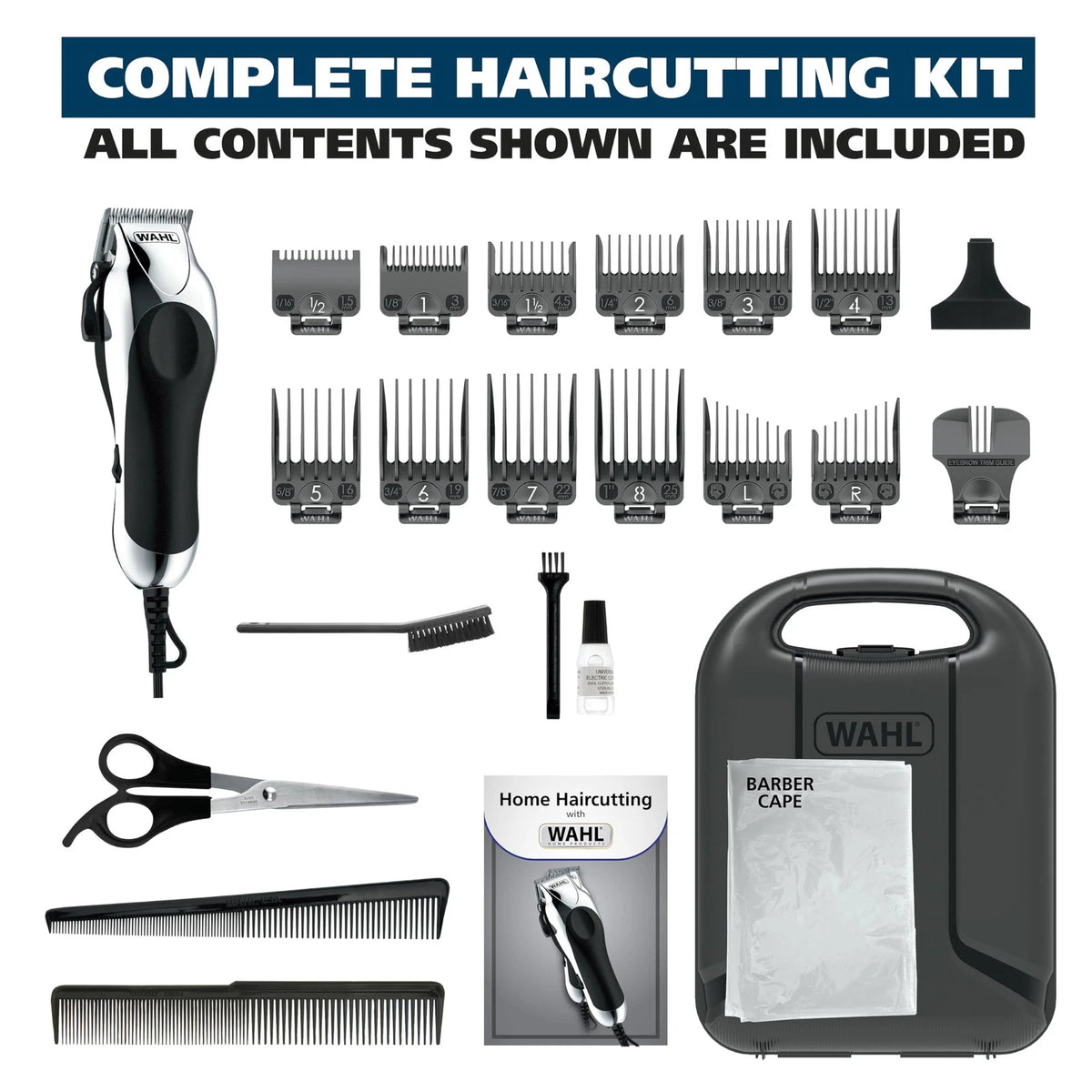 Wahl USA Chrome Pro Corded Clipper Complete Haircutting 24 Piece Set, Silver