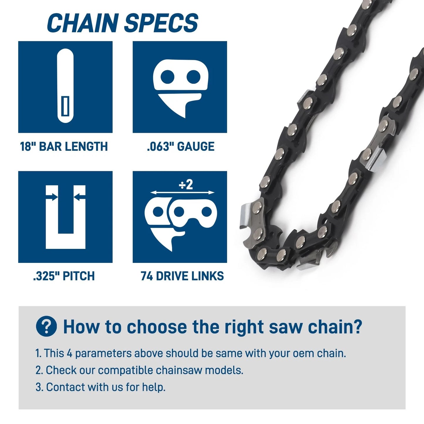 3-pack Chainsaw Chain 18 Inch, .325" Pitch .063" Gauge 74 Drive Links for...