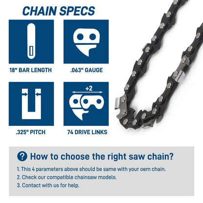 3-pack Chainsaw Chain 18 Inch, .325" Pitch .063" Gauge 74 Drive Links for...
