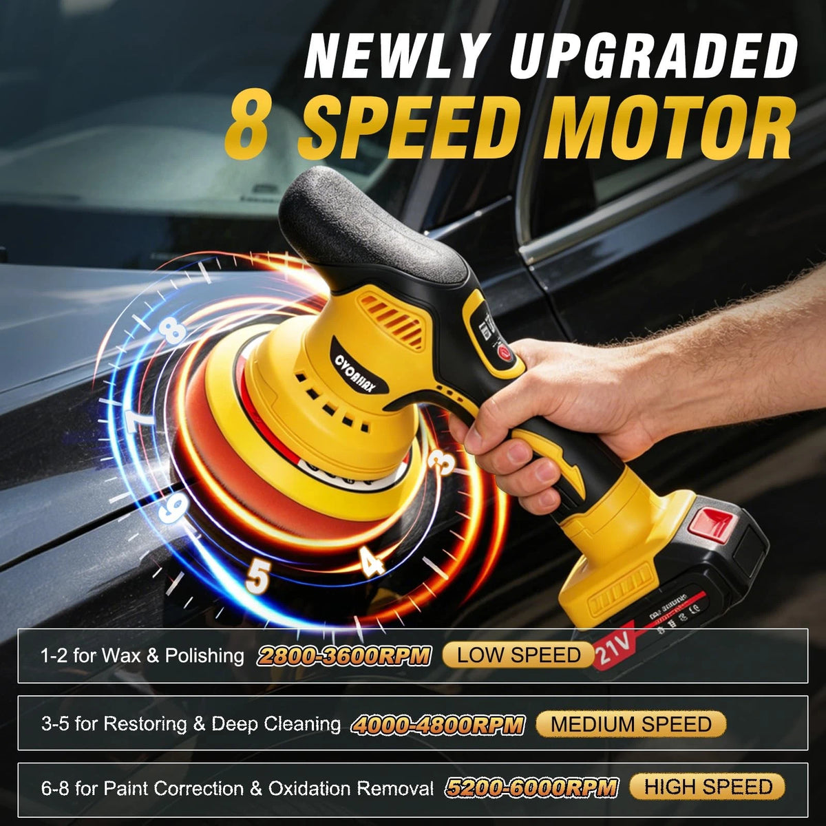 Cordless Car Buffer Polisher Kit (28pcs), 8-Speed & 2*21V Batteries 21, Yellow