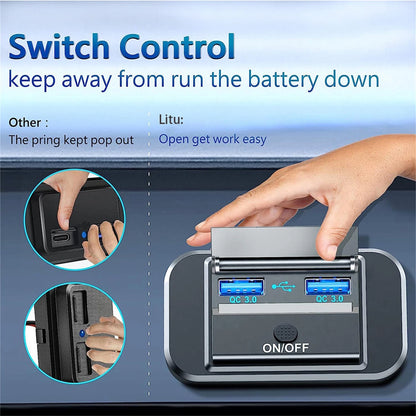 12-24V Dual USB QC3.0 Car Boat RV Fast Charger Socket Power Outlet Panel W/ LED