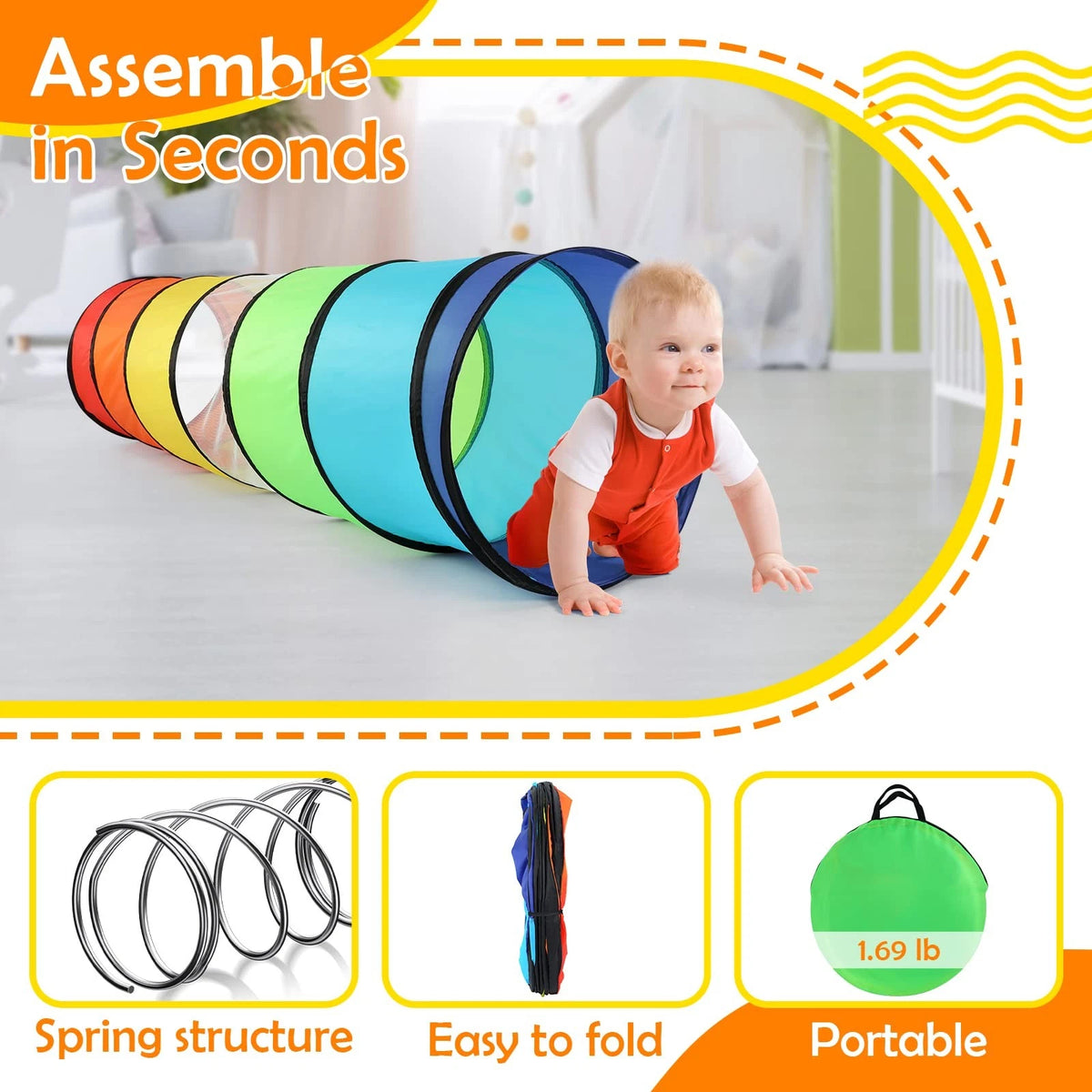Kids Play Tunnel Tent for Toddlers, 18.1D x 69L inches, Rainbow