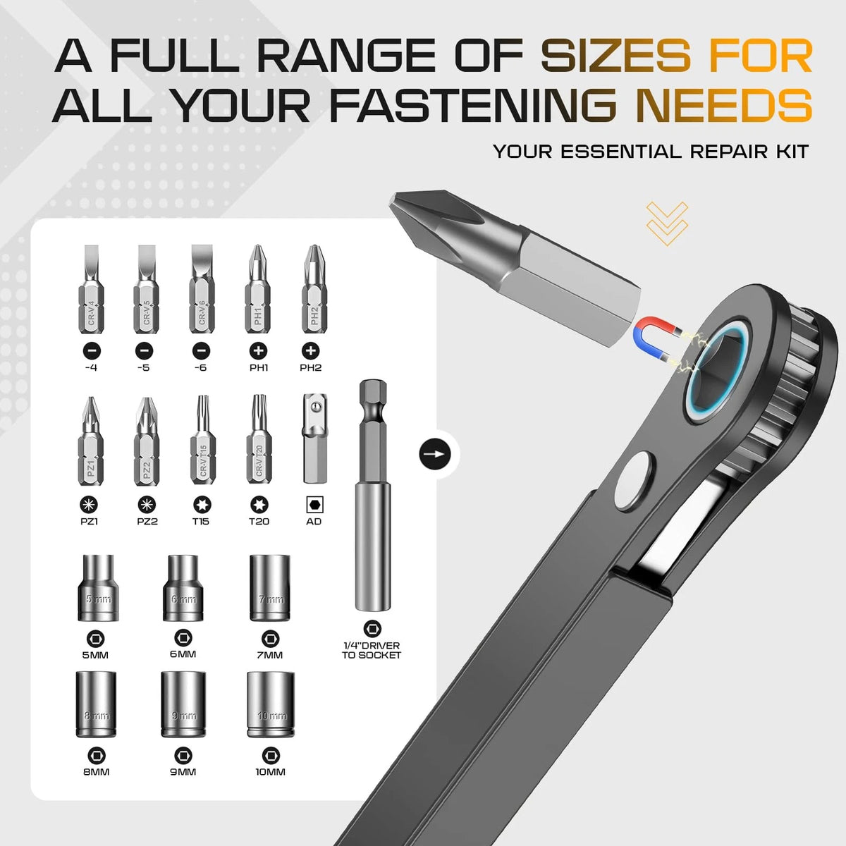 Right Angle Screwdriver Mens Gifts - 90 Degree Offset ‎17 in 1, Orange