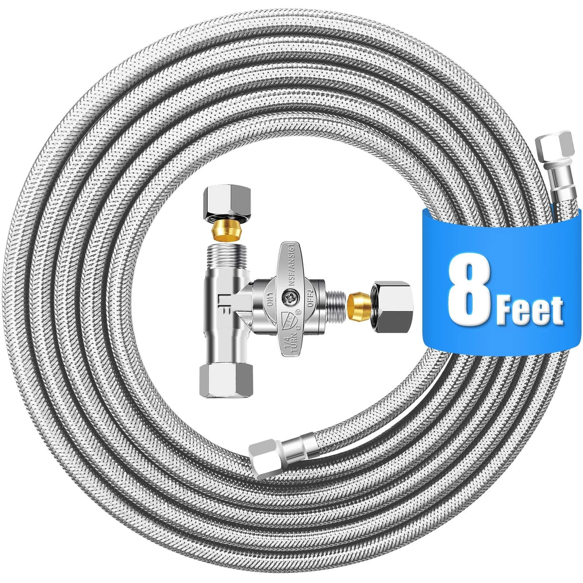 Refrigerator Water Line Kit - 8 FT with Tee Stop Valve for 8 FT, Silver
