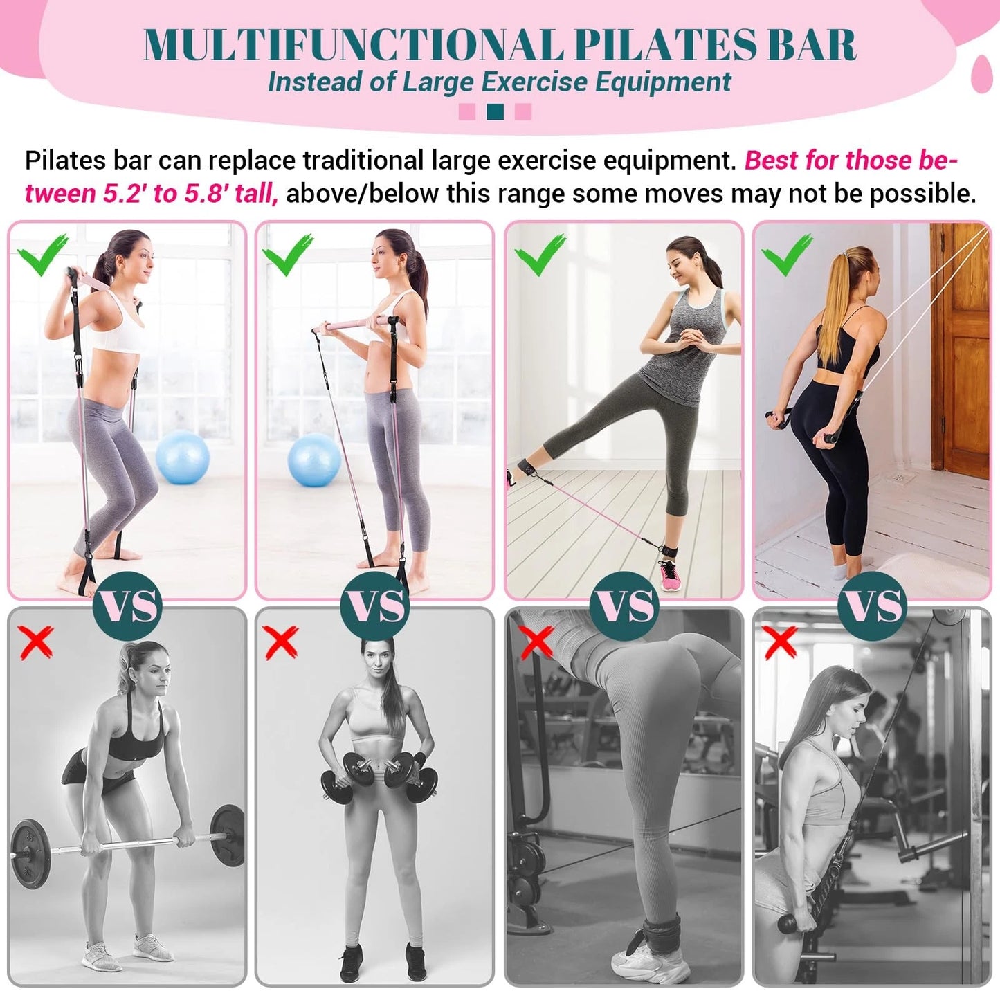 Pilates Bar Kit with Resistance Bands, Multifunctional Yoga One Size, Pink