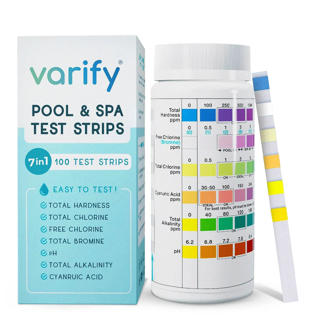 Varify 7 in 1 Pool and Spa Test Strips- Easy to Use Water Testing 100 Strips