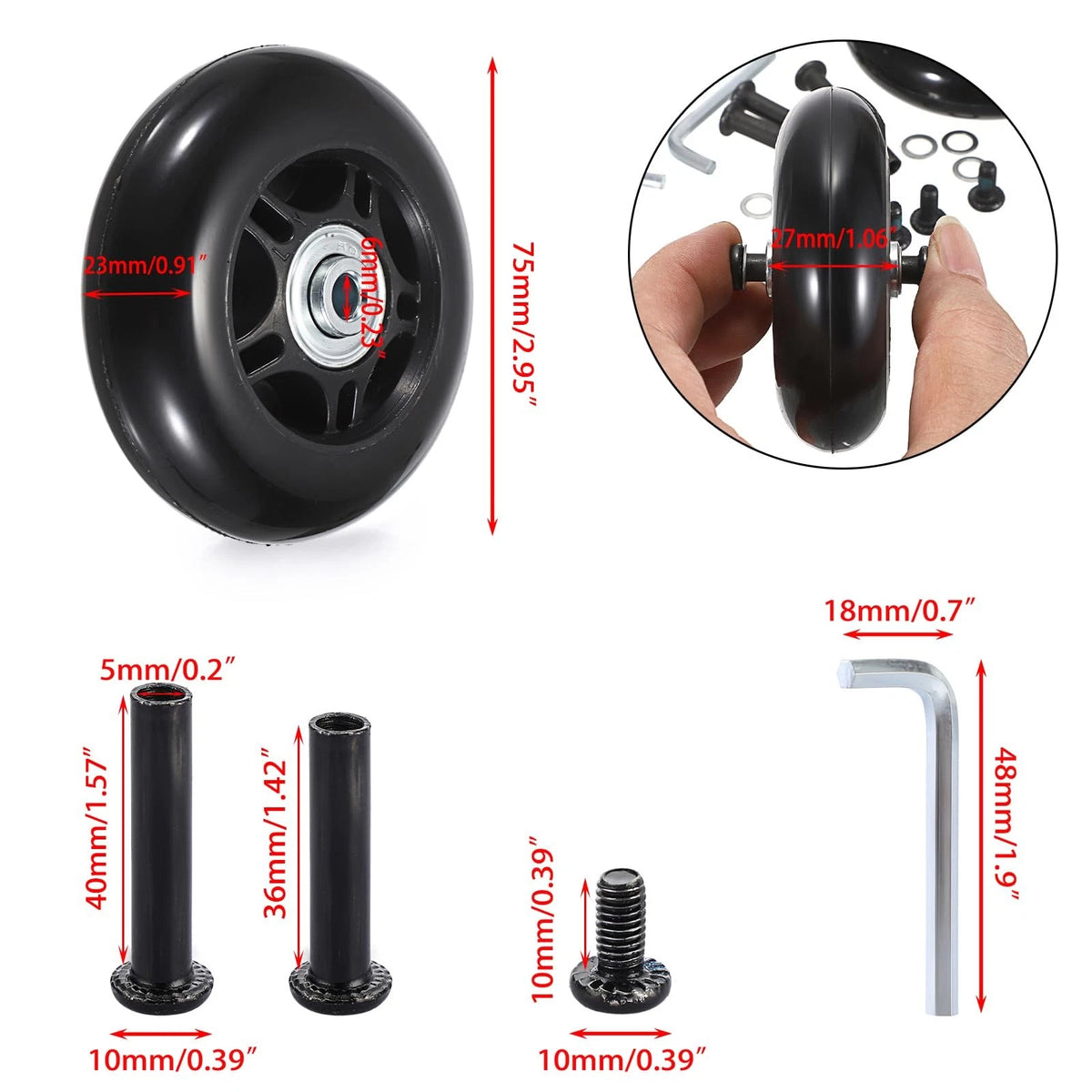 OwnMy 75mm x 23mm Luggage Wheels Replacements Set of 2 / 2.95", Black