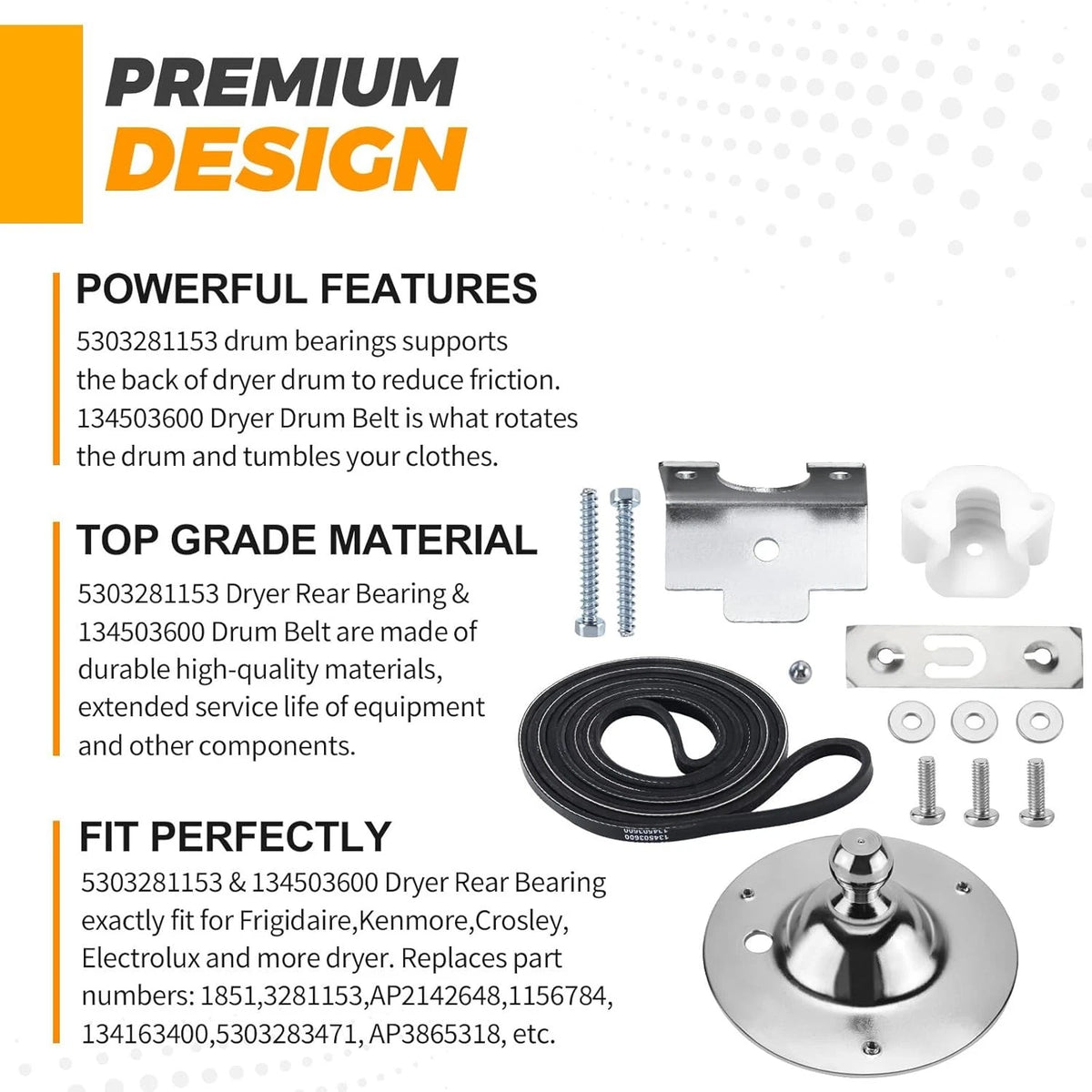 Upgraded 5303281153 Dryer Rear Drum Bearing & 134503600 Belt Kit...