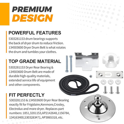 Upgraded 5303281153 Dryer Rear Drum Bearing & 134503600 Belt Kit...