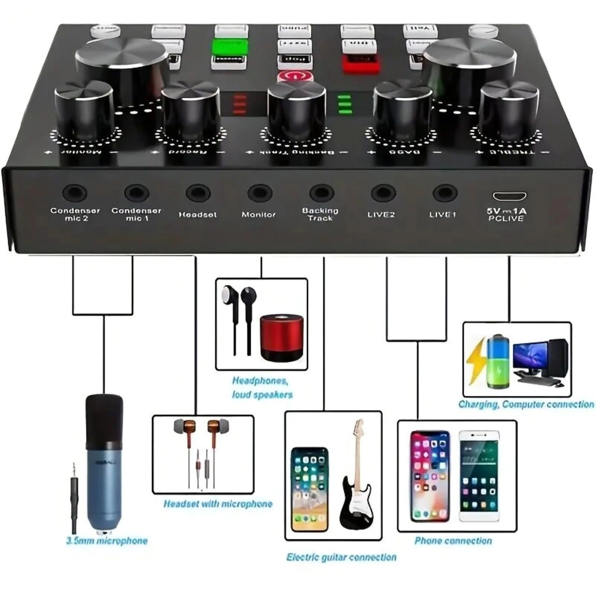 Multi-function V8S Sound Card W/Rich Sound Effect Live Broadcast Audio Equipment