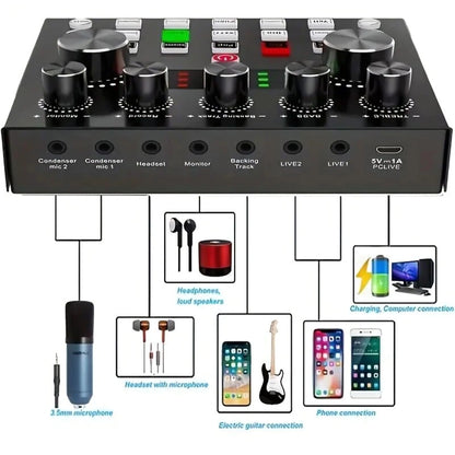 Multi-function V8S Sound Card W/Rich Sound Effect Live Broadcast Audio Equipment