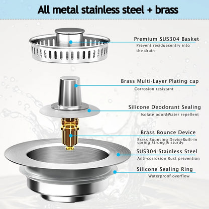 3-in-1 Kitchen Sink Drain Strainer Stopper, Upgraded Stainless Steel Silver