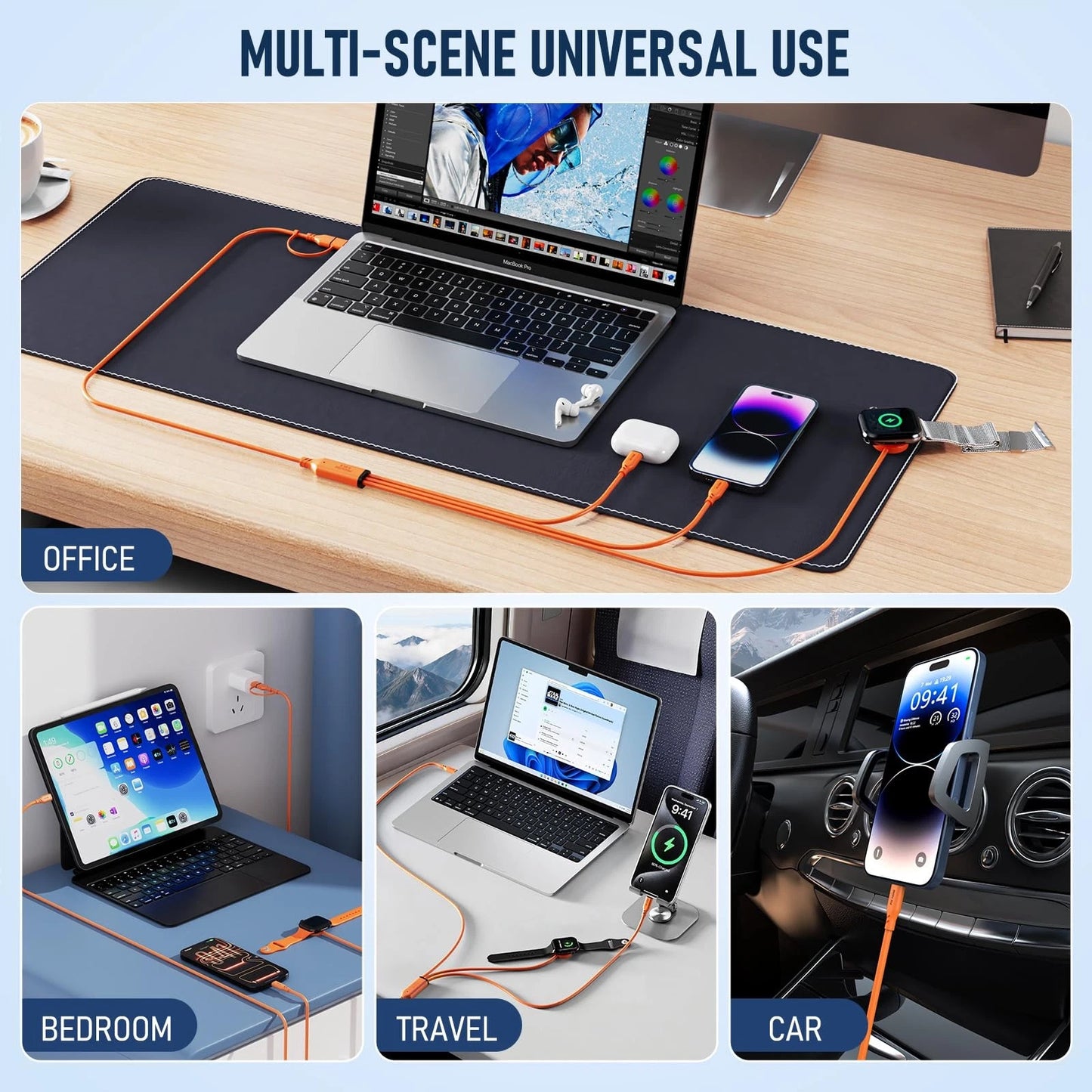 Travel Essentials 3 in 2 Multi Charging Cable 100W USB A/C to Dual Orange