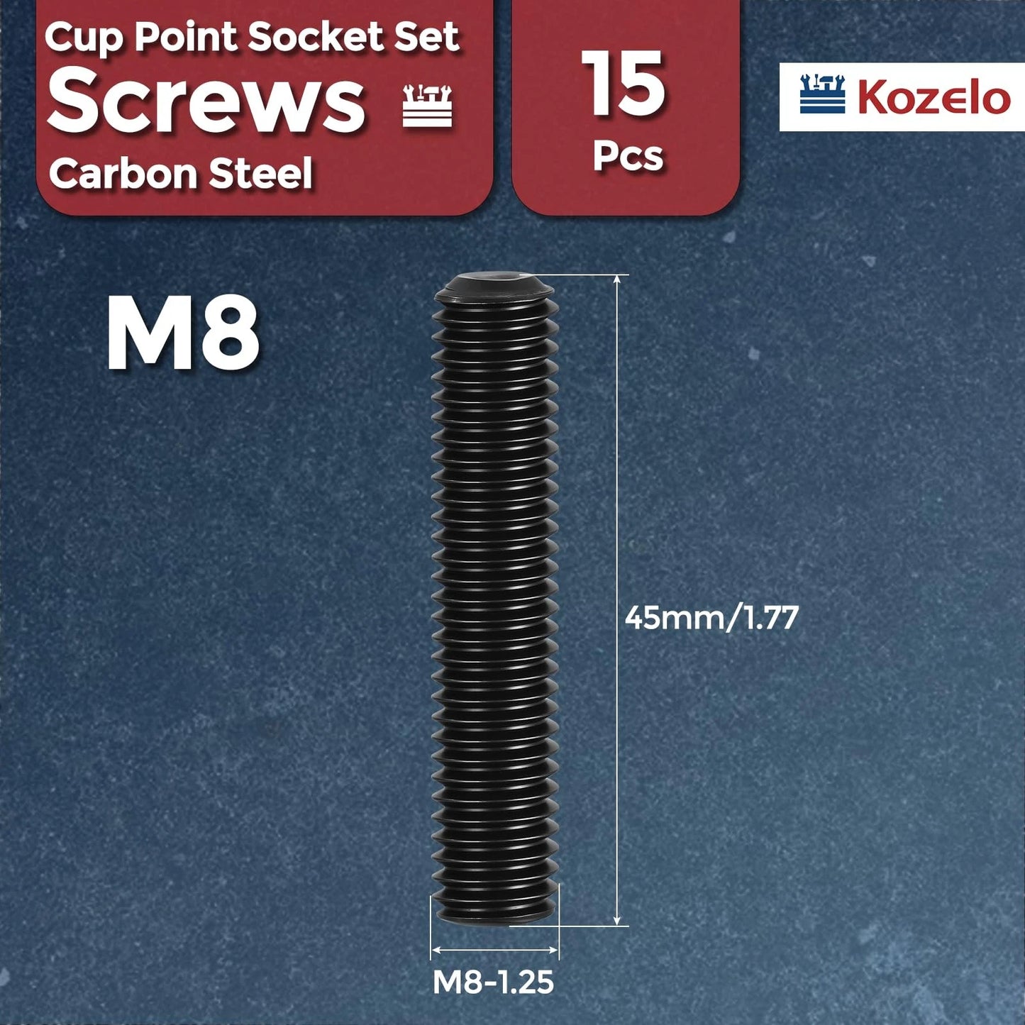 Kozelo 15Pcs Cup Point Socket Set Screws-M8-1.25x45 Carbon M8-1.25x45, Black