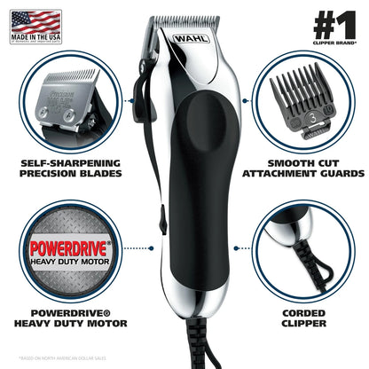 Wahl USA Chrome Pro Corded Clipper Complete Haircutting 24 Piece Set, Silver