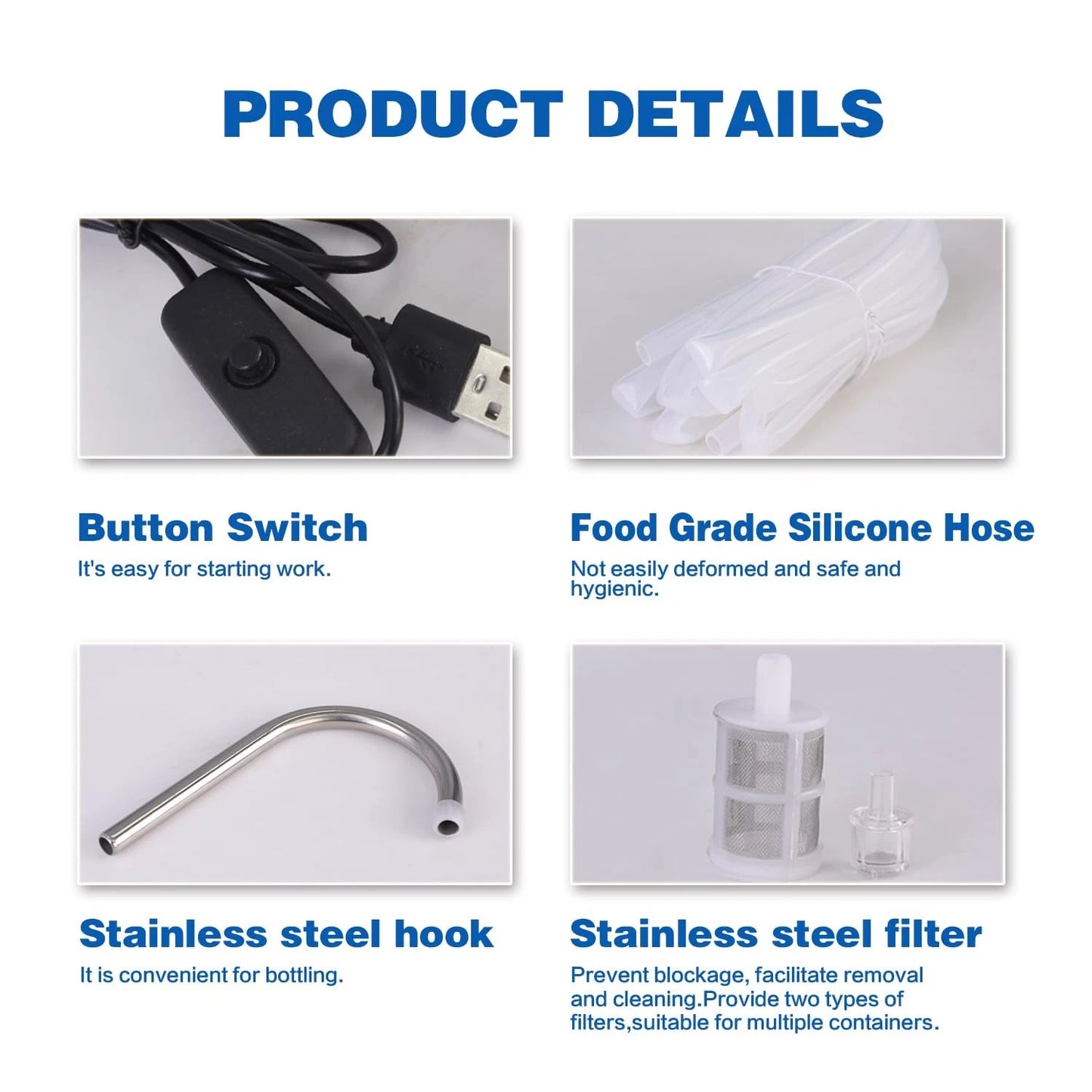 Portable USB Electric auto siphon Self Priming Small, Black Button Switch