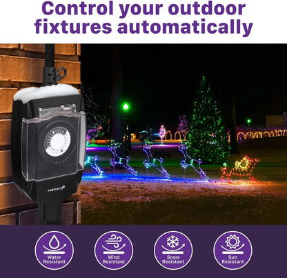 Fosmon Outdoor Light Timer Outlet Waterproof, 24 Hour Plug in 1 Pack, Black