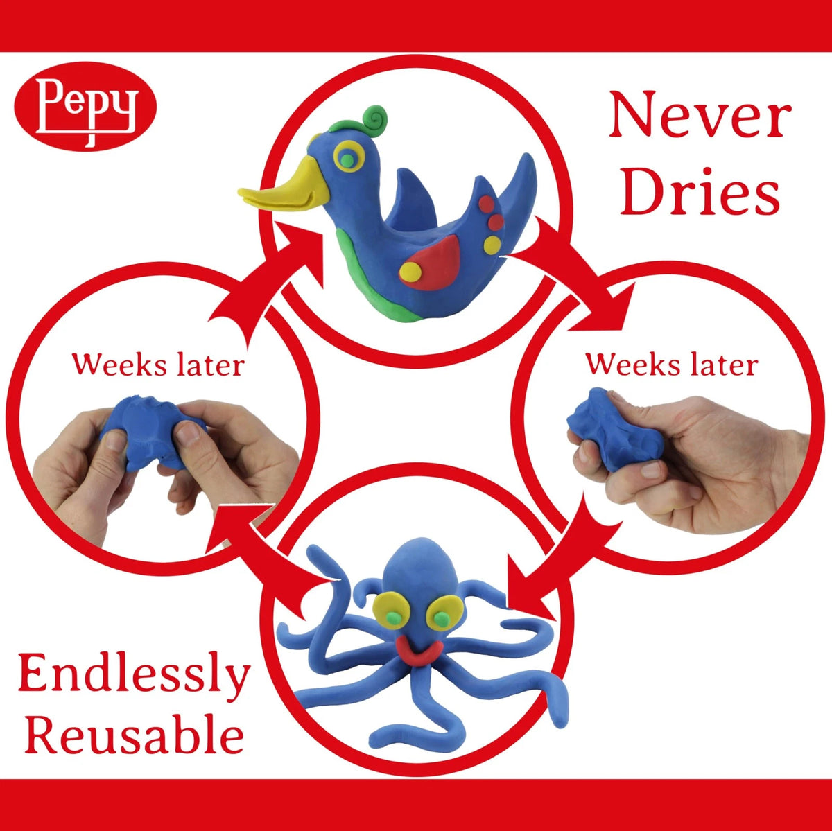Pepy Reusable and Non-Drying Oil-Based Plasticine 1 Pound, Primary Colors
