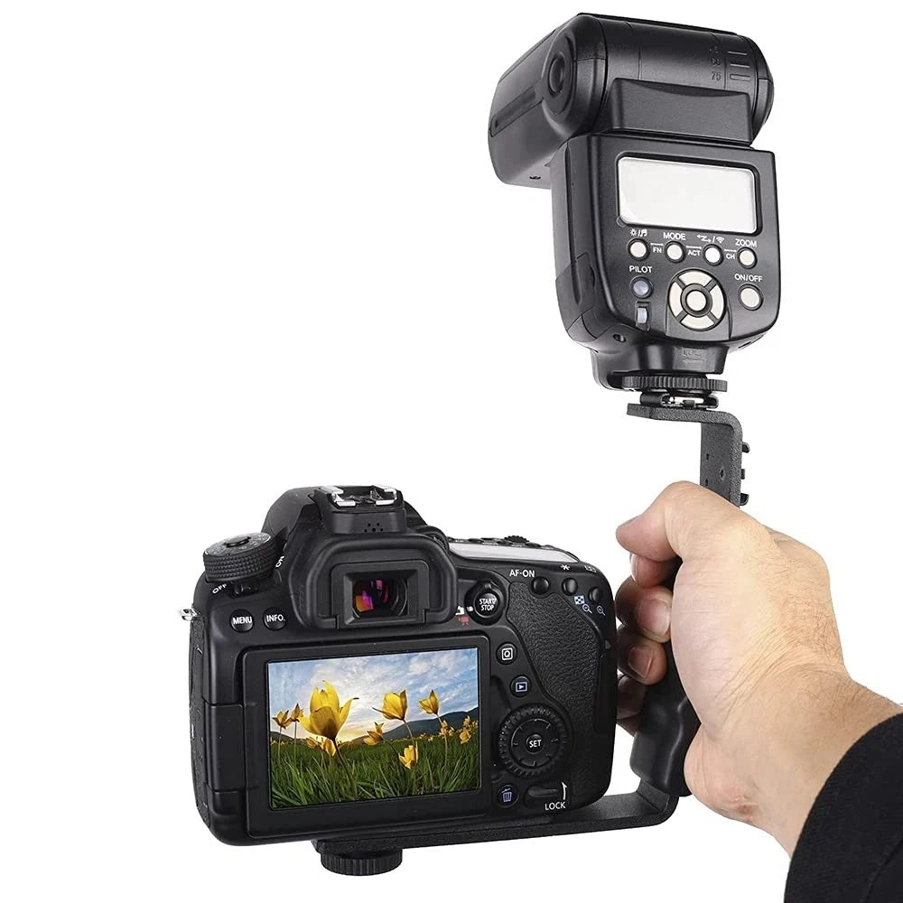L-Shape Flash Bracket with Dual Cold Shoe Mount  Tripod Screw Black