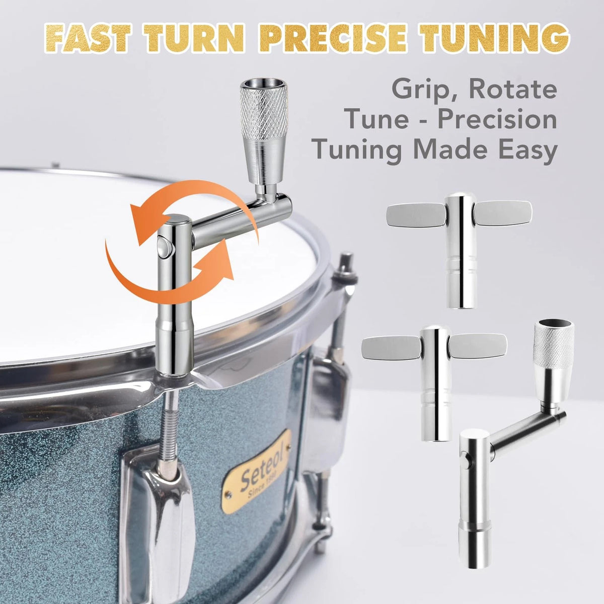 Seteol Drum Key & Tom Brackets Set, 3 Standard Square Lug Silver