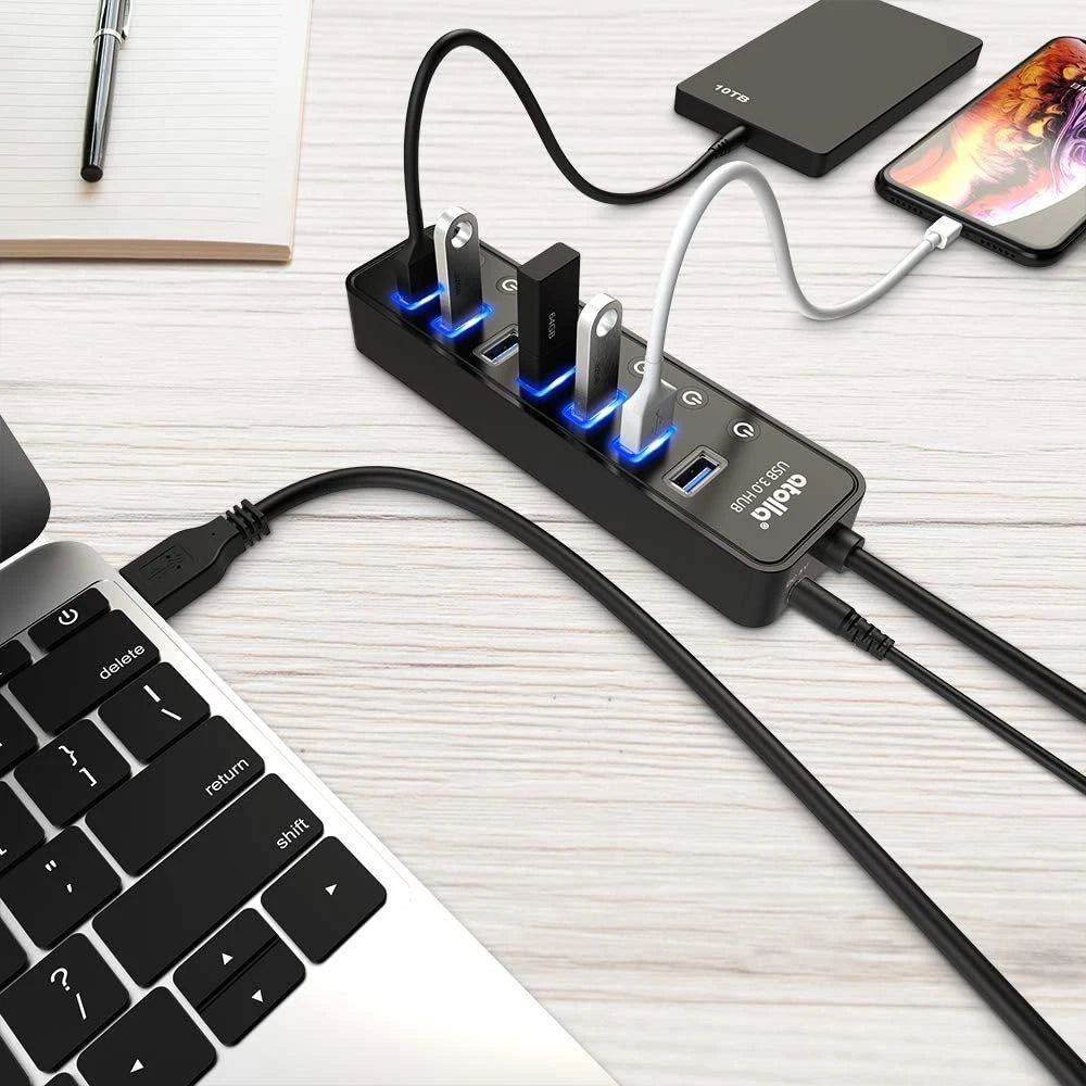 Powered USB Hub 3.0, Atolla 7-Port Data Splitter with One Smart black
