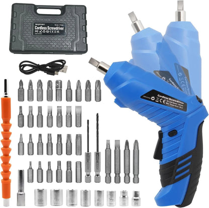 Blue Cordless Electric Screwdriver Set, 3.7V Rechargeable Small