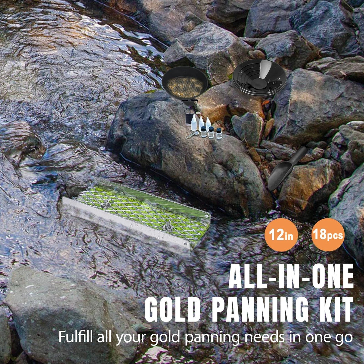 18pcs Mini Sluice Box Gold Panning Kit, Portable Aluminum Alloy Mining Black