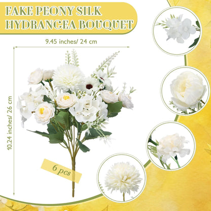 Tigeen 6 Bundles Artificial Bouquet Flowers Peonies Faux White